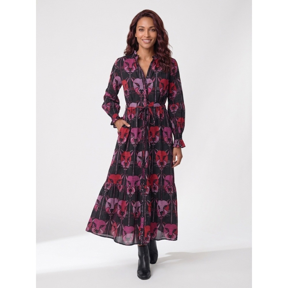 Sheridan French Pink Red Leopard Print Tiered Maxi Dress Black Ruffle Size S